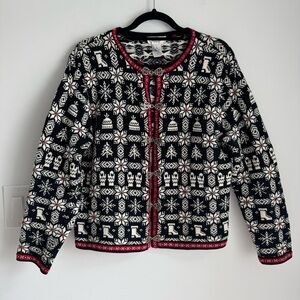 Talbots Black White Red Snowflake Winter Cardigan Sweater Nordic Fair Isle Sz LP